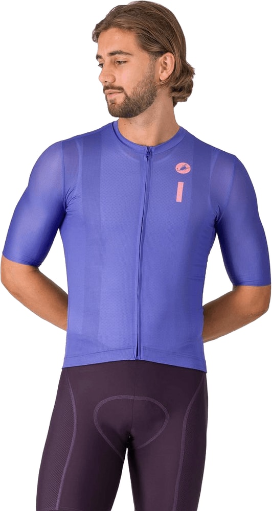 Castelli Drittone Logo short-sleeve men's cycling jersey with logo design on front, lightweight breathable fabric.