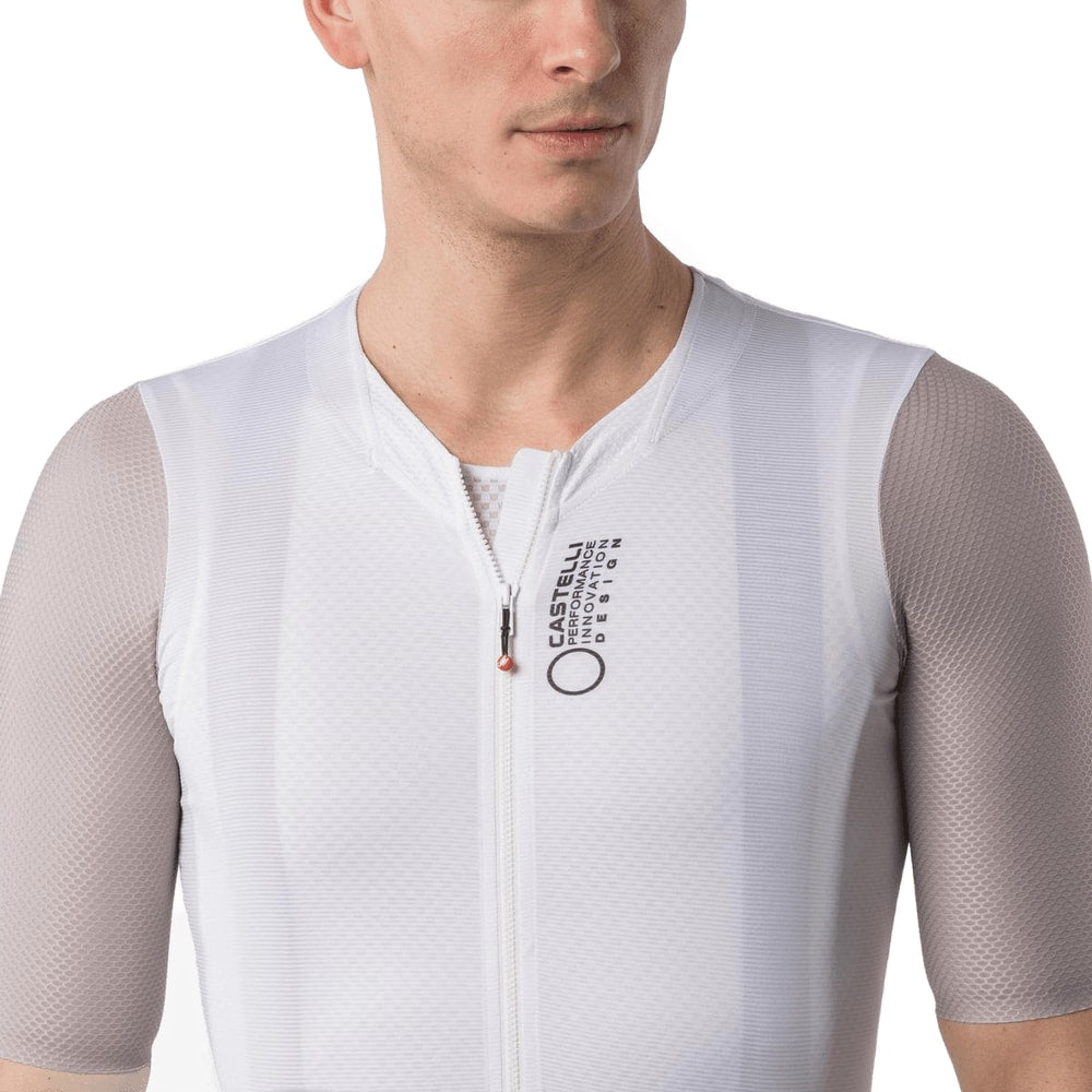 Men's Castelli Corretto SS jersey in lightweight fabric with short sleeves and race fit, shown in a vibrant color.