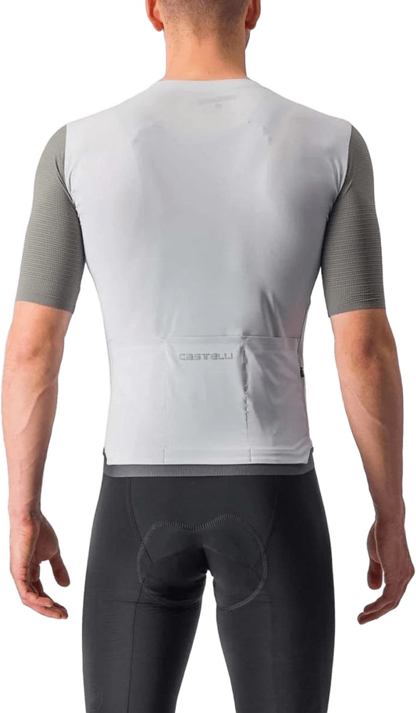 Castelli Premio Black men's short-sleeve cycling jersey displayed on a hanger, showing its sleek black fabric and fitted design.