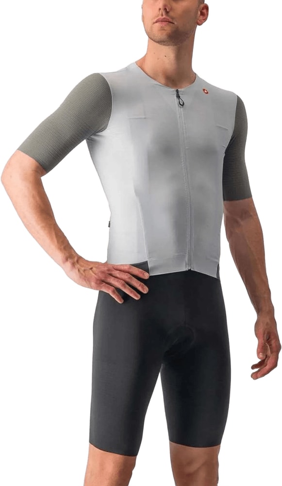 Castelli Premio Black men's short-sleeve cycling jersey displayed on a hanger, showcasing breathable fabric and fitted design.