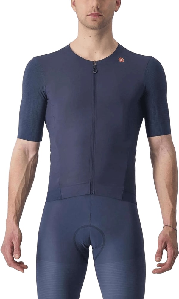 Castelli Premio Black short-sleeve men's cycling jersey displayed on a hanger, featuring a sleek black design and lightweight fabric.