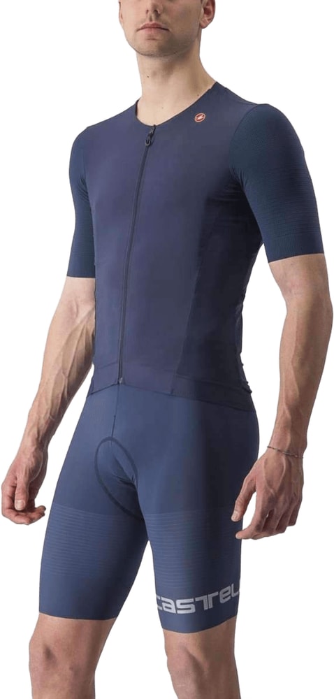 Castelli Premio Black short-sleeve men's cycling jersey displayed on a hanger, showcasing its sleek design and fabric texture.