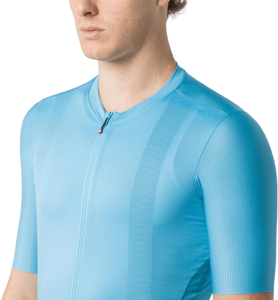 Castelli Espresso 2 SS men's cycling jersey in white with blue accents, lightweight breathable sportswear for active riding.