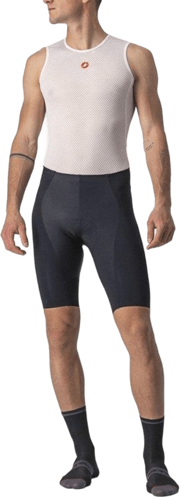 Castelli Free Aero RC men's cycling knicks with padded chamois, black and red, close-up view of the athletic cycling apparel