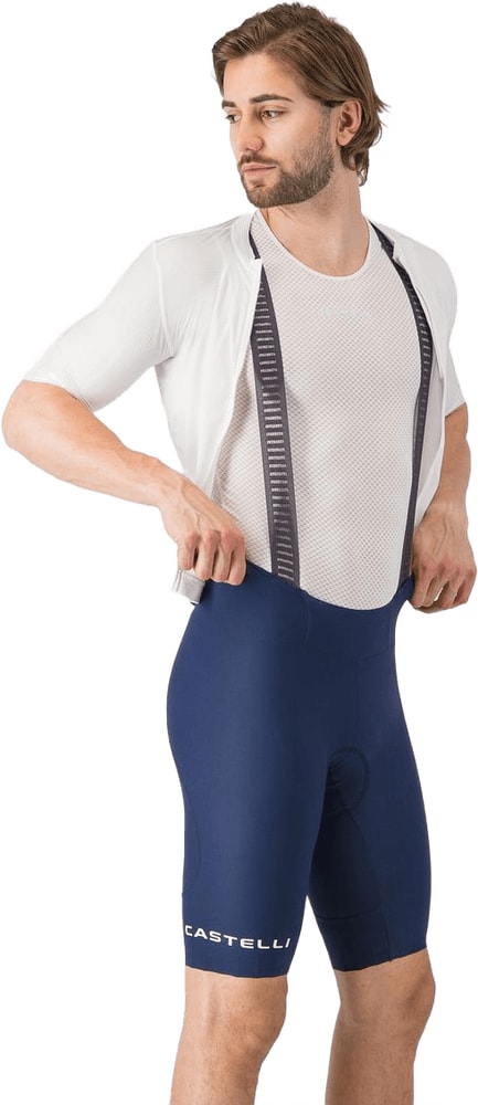 Castelli Espresso 2 men's bib knicks, close-up of black cycling shorts with straps and branding, designed for comfort and performance.