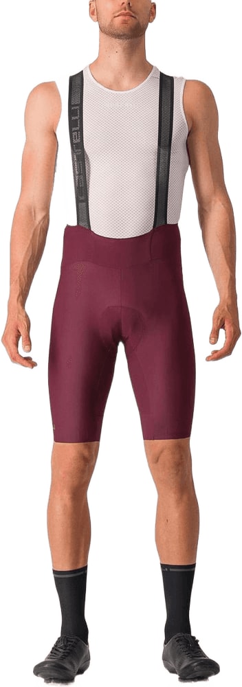 Castelli Espresso men's bib knicks featuring black and red cycling tights with padded chamois for comfort.