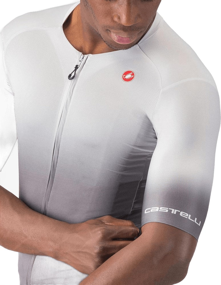 Castelli UPF short sleeve men's cycling jersey showing a lightweight, breathable fabric with logo details.