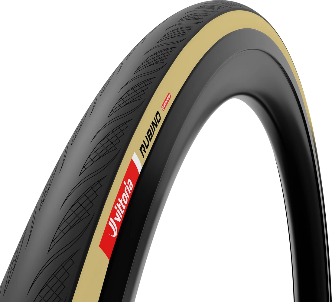 Vittoria Rubino V G2 clincher folding road tyre, black rubber road bike tire side view