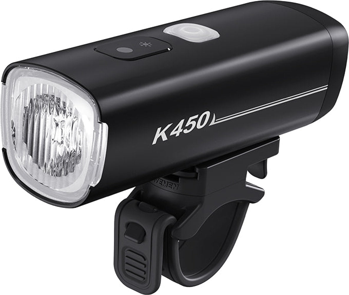Ravemen K450 front light for bicycles, compact black LED accessory with handlebar mount