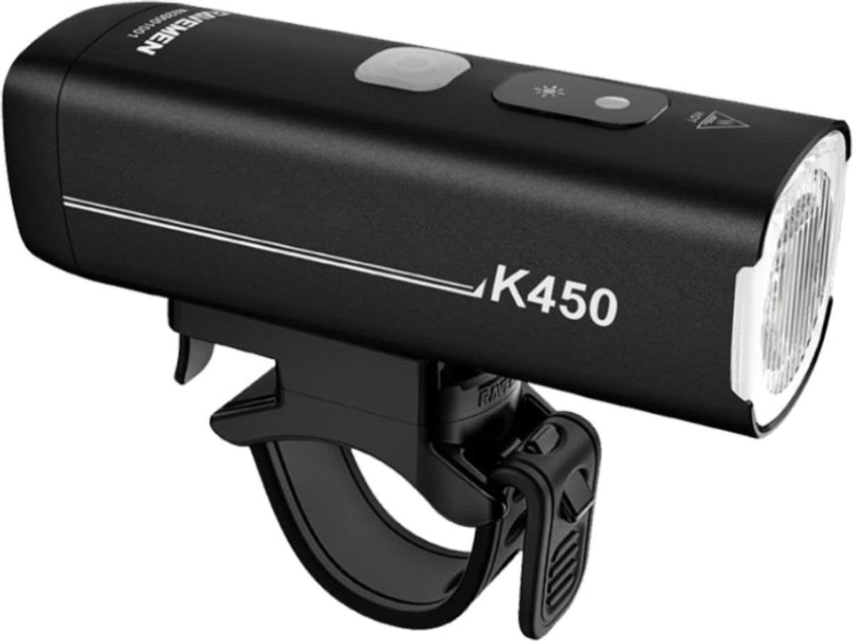 Ravemen K450 front light, compact black bicycle accessory with bright LED lens and handlebar mount