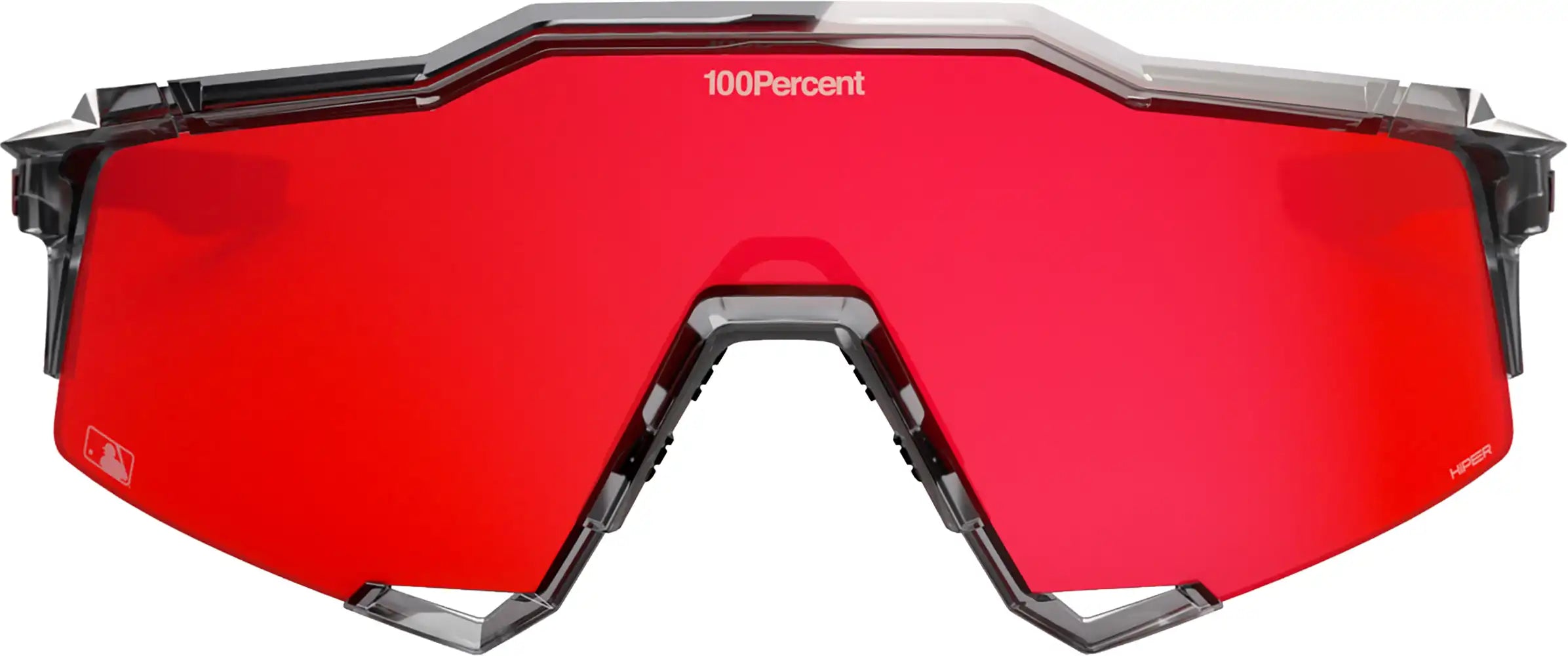 Close-up of 100% Speedcraft MLB sunglasses, black frame with clear lenses, designed for sports and outdoor activities.