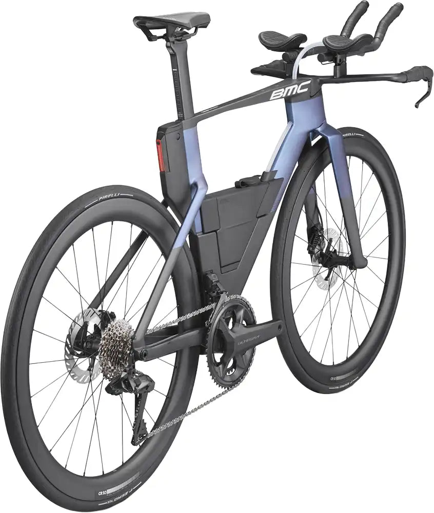 BMC Speedmachine 01 Two triathlon bike with aerodynamic frame and sleek black design, ready for competitive racing.