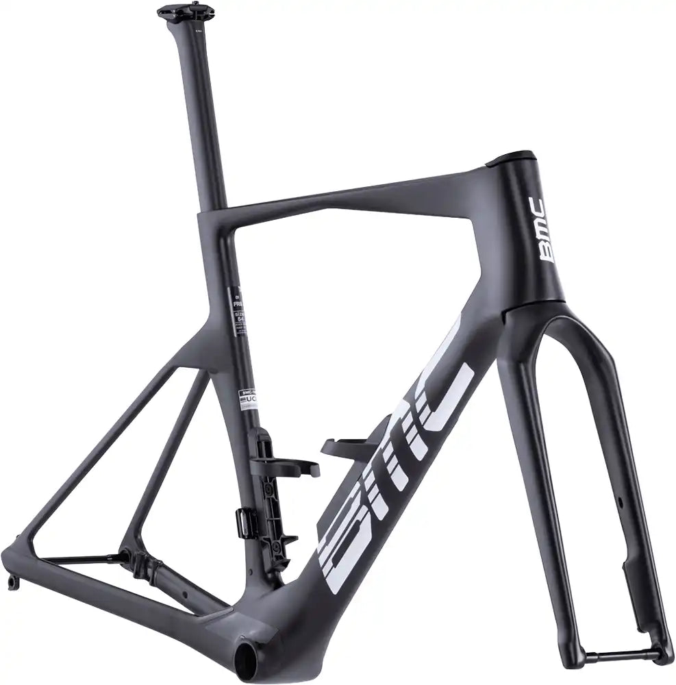 BMC Teammachine R 01 road bike frameset in sleek black with carbon fork and lightweight aluminum construction.