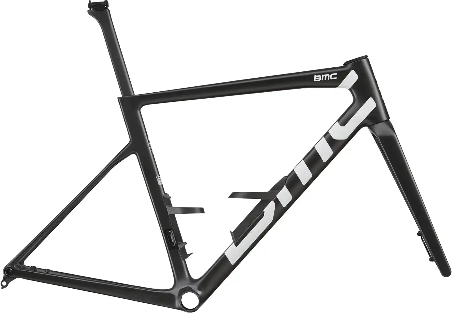 BMC Teammachine SLR 01 road bike frameset in sleek black with aerodynamic design and lightweight carbon construction.