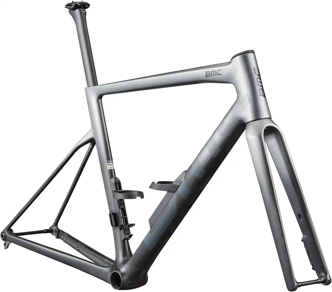 BMC Teammachine SLR 01 road bike frameset in sleek black with lightweight carbon construction and aerodynamic design.