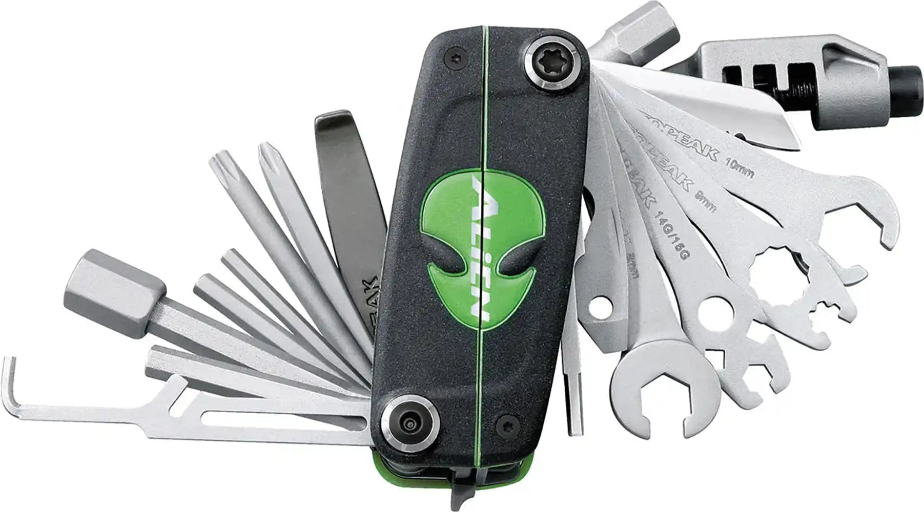 Topeak Alien III multi tool with various stainless steel bits and handles for bicycle repairs and maintenance.