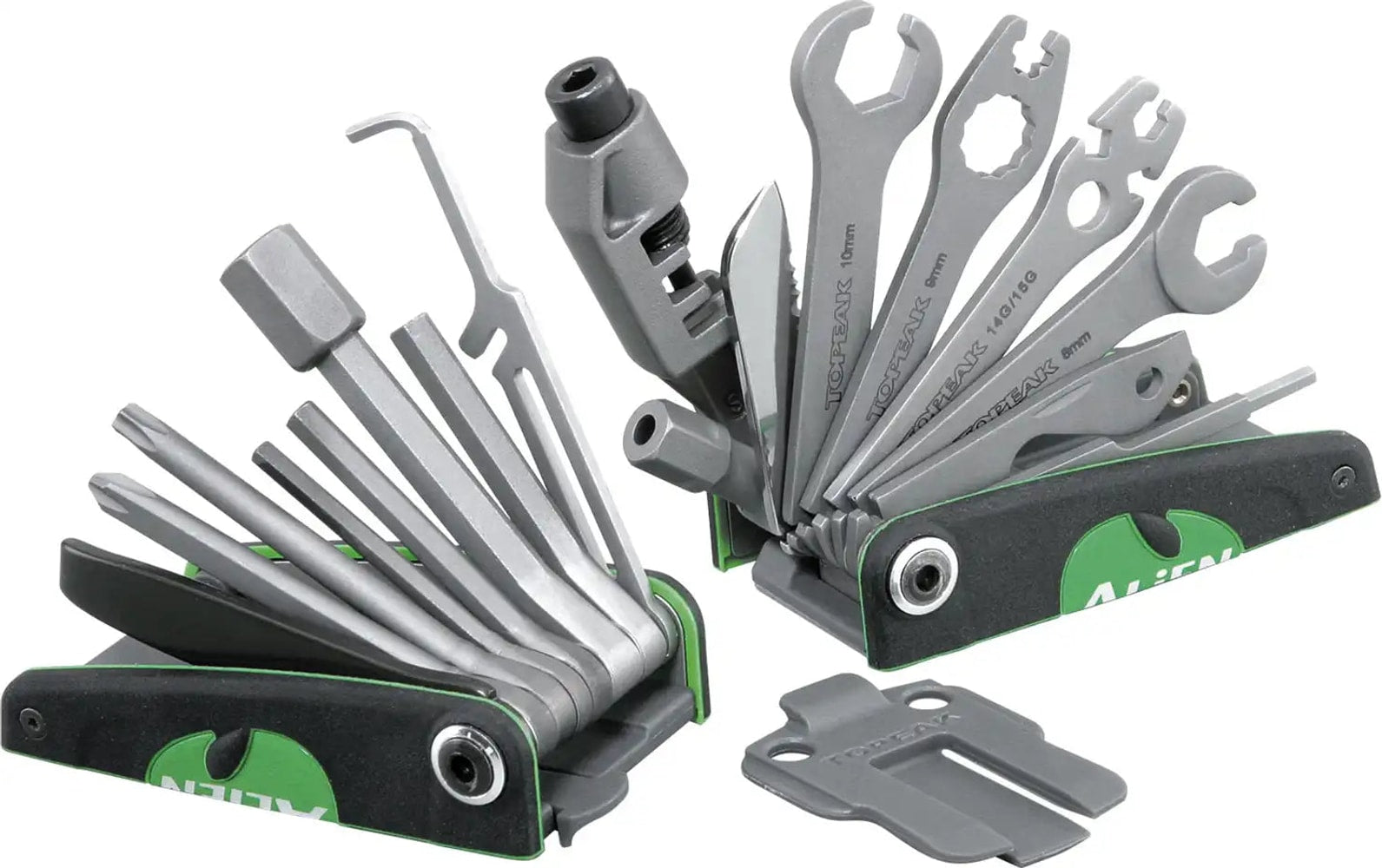 Topeak Alien III multi-tool with various screwdrivers, hex wrenches, and chain tool for bike repair and maintenance.