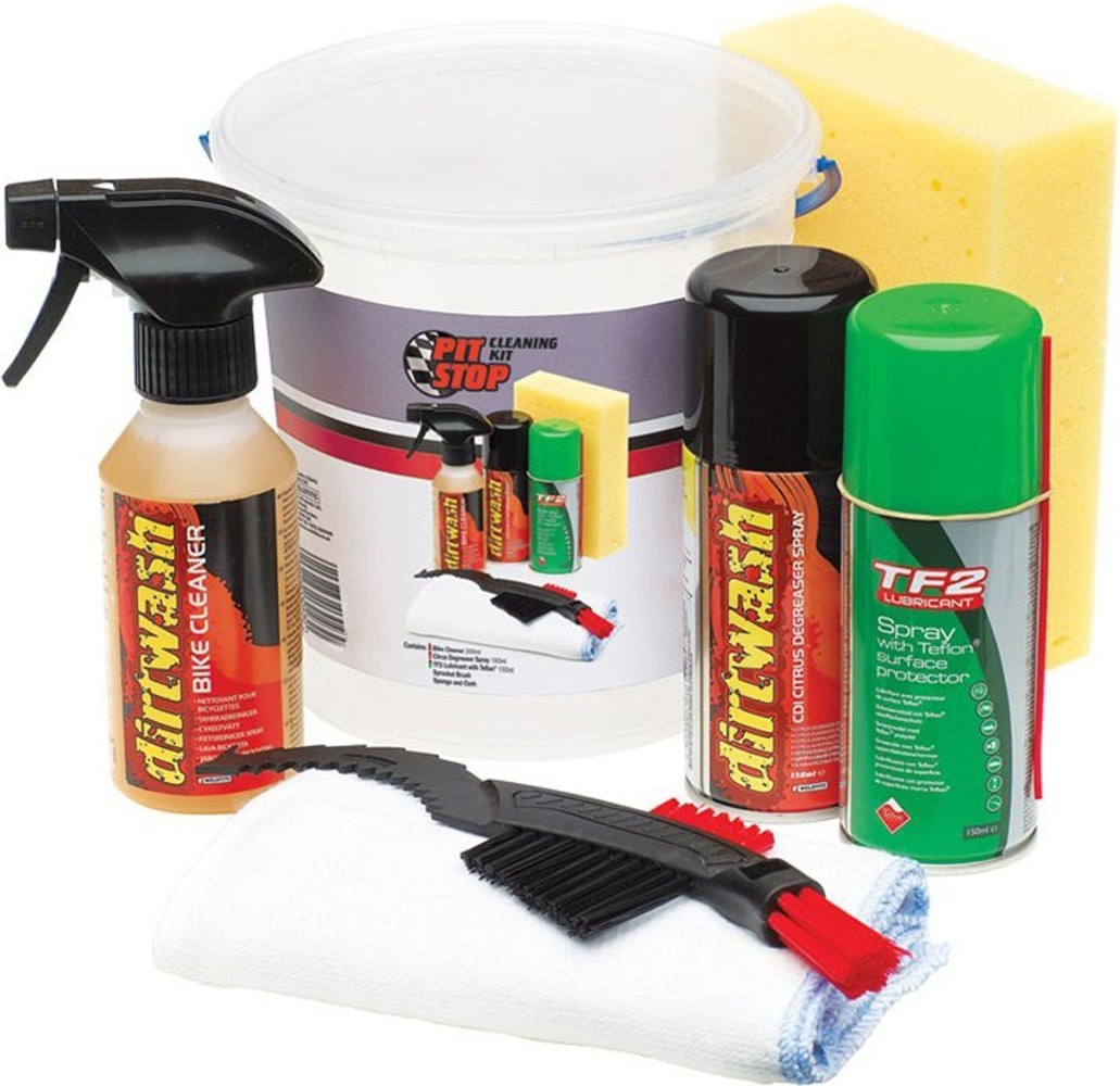 Weldtite Pit Stop Cleaning Kit accessories with brushes, cleaning solutions, and tools for bike maintenance and cleaning.