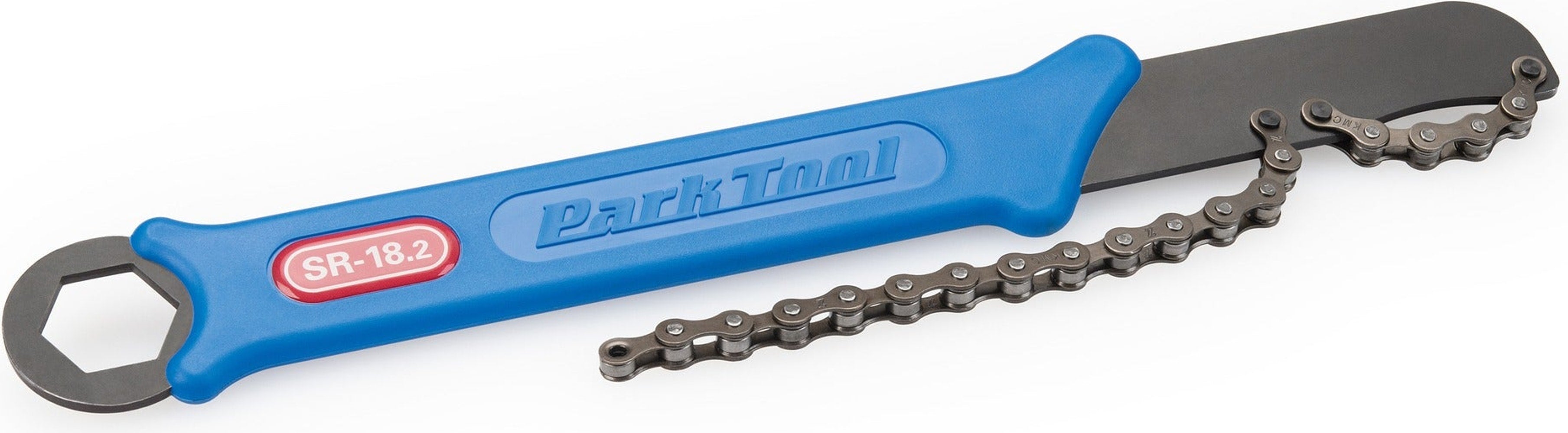 Park Tool SR-18.2 chain whip accessory with removable handle and sturdy chain for bicycle cassette removal and maintenance.