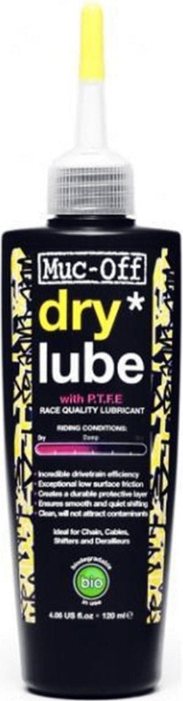 Muc-Off Dry Weather Lube bottle, bike accessories for dry conditions, with a sleek black and yellow design and product label.