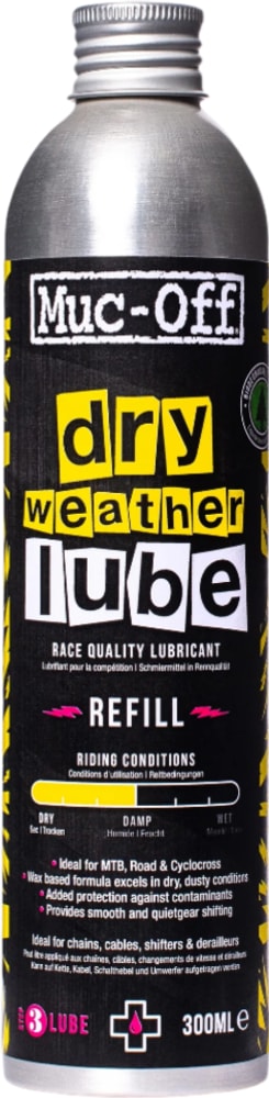 Muc-Off Dry Weather Lube bottle, bike chain lubricant accessory, with white cap and blue label, designed for dry weather cycling.