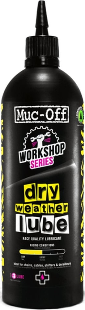 Muc-Off Dry Weather Lube bottle, bicycle chain lubricant accessory, in a sleek black and white design with product label.