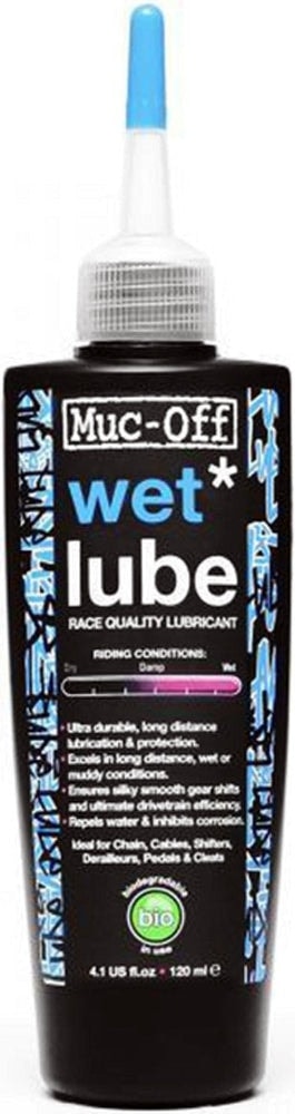 Muc-Off Wet Weather Lube bottle, bicycle chain lubricant designed for wet conditions, with a blue cap and label.