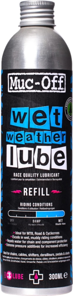 Muc-Off Wet Weather Lube bottle, waterproof bike chain lubricant, with a black cap and clear label, designed for wet riding conditions.