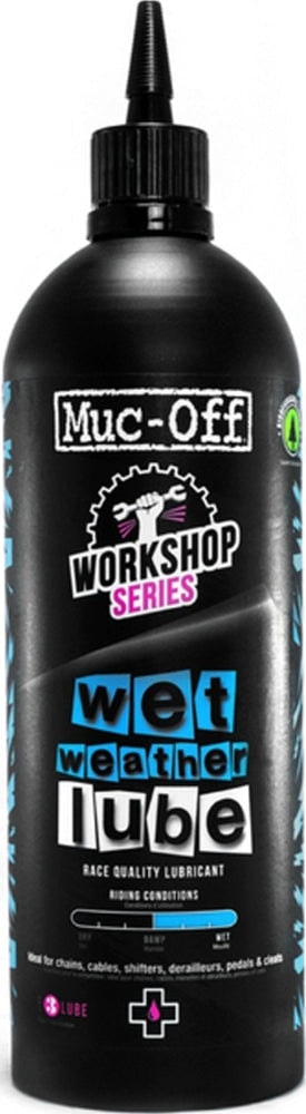 Muc-Off Wet Weather Lube bottle, bicycle chain lubricant accessory designed for wet conditions and weatherproof cycling.