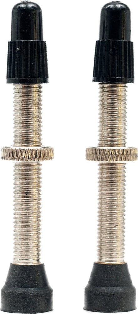 Stans NoTubes tubeless valves for bicycle tires, black metal accessories with easy-to-install design.