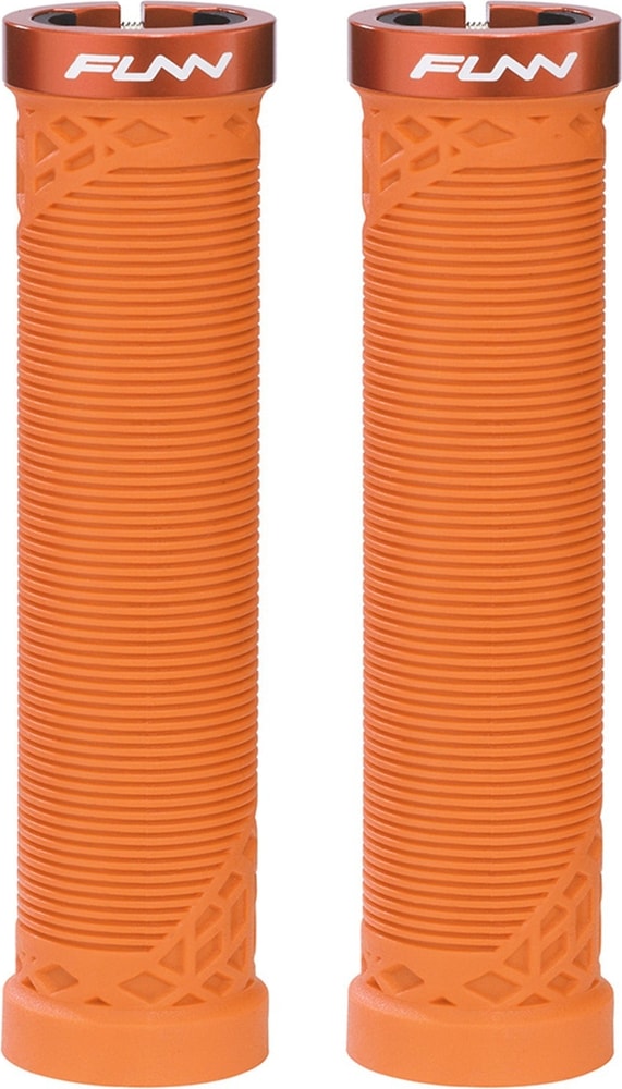 FUNN Hilt Lock-On MTB grips installed on bike handlebars, featuring black rubber with locking mechanisms for secure grip.