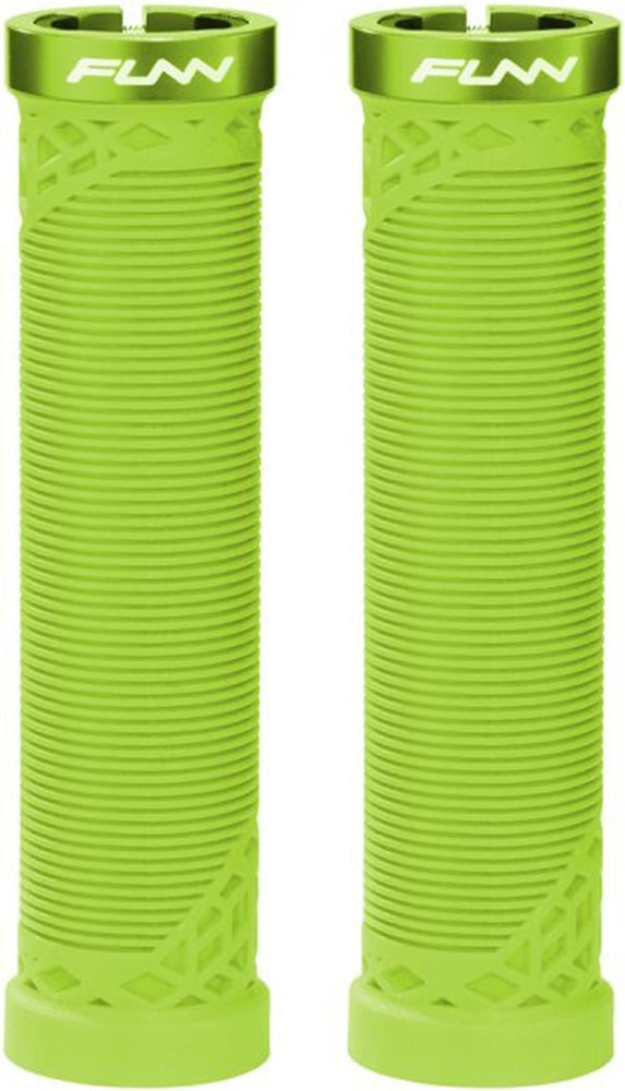 FUNN Hilt Lock-On MTB grips installed on mountain bike handlebars, showing textured rubber surface for secure grip.