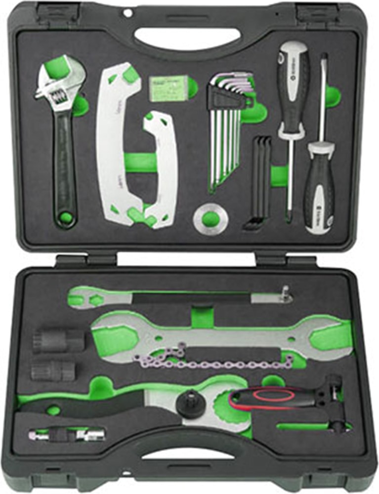X-Tech Bicycle Tool Kit accessories with various wrenches and screwdrivers for bike maintenance and repairs.