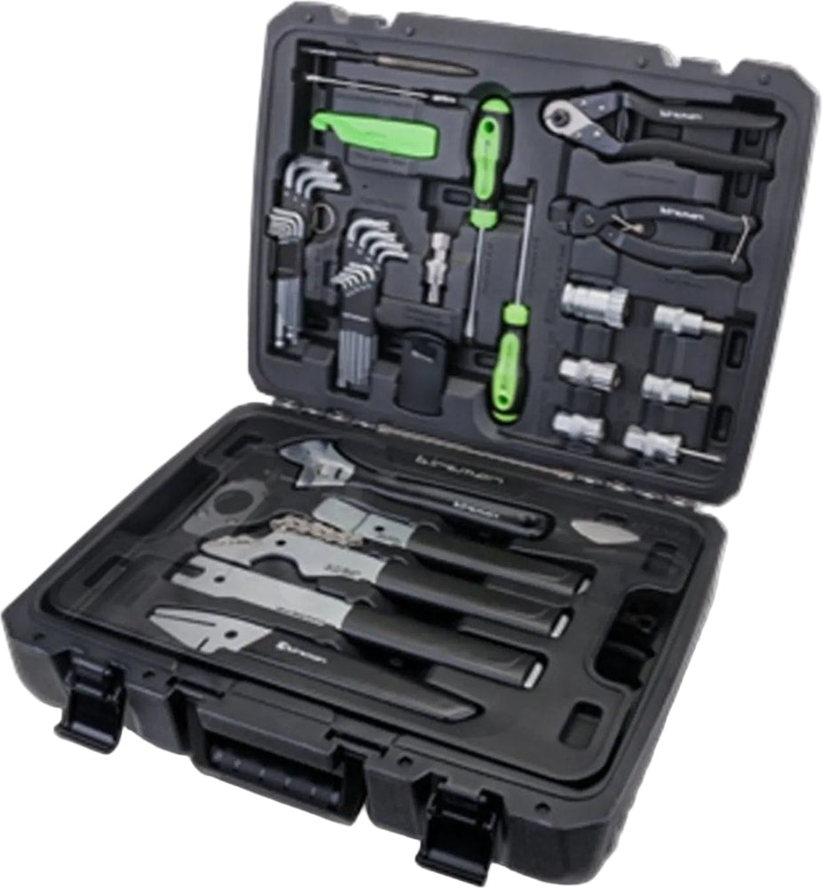 Birzman Studio 37-piece toolbox with various bike repair accessories and tools organized inside a durable storage case.