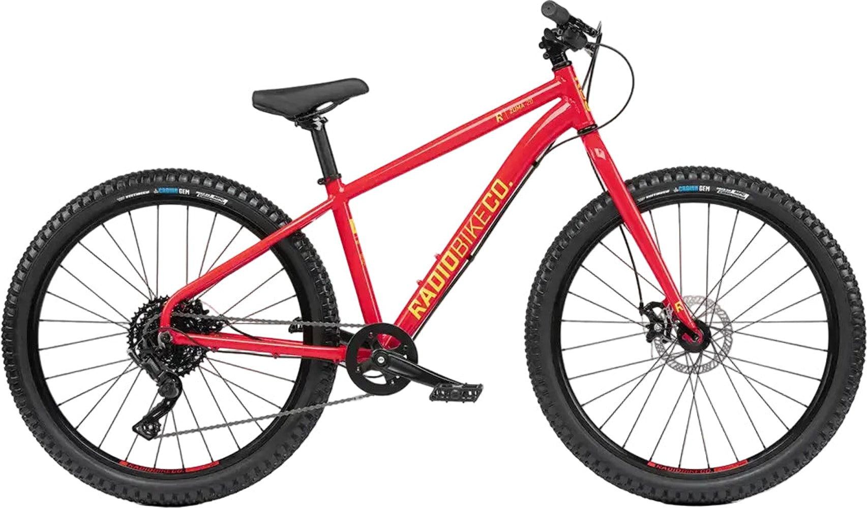 Kids' 2022 Radio Zuma 26 bike with sturdy frame, colorful design, and training wheels for young riders.