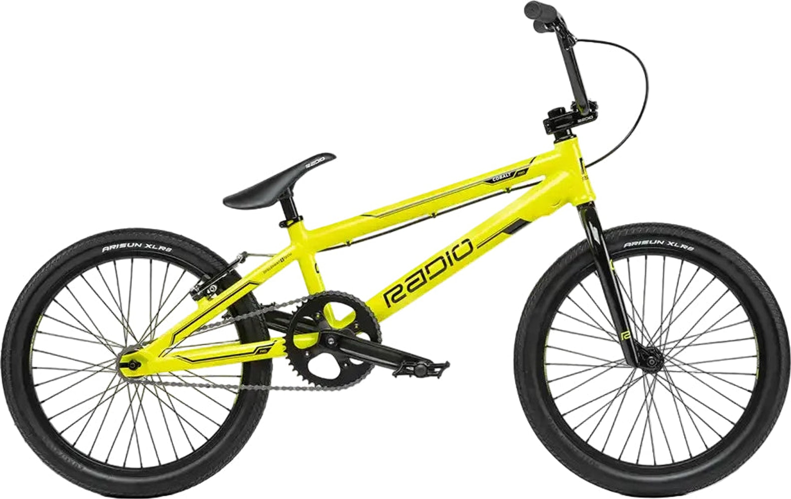 Radio Raceline Cobalt Pro BMX bike with black frame and colorful accents, ready for riding.