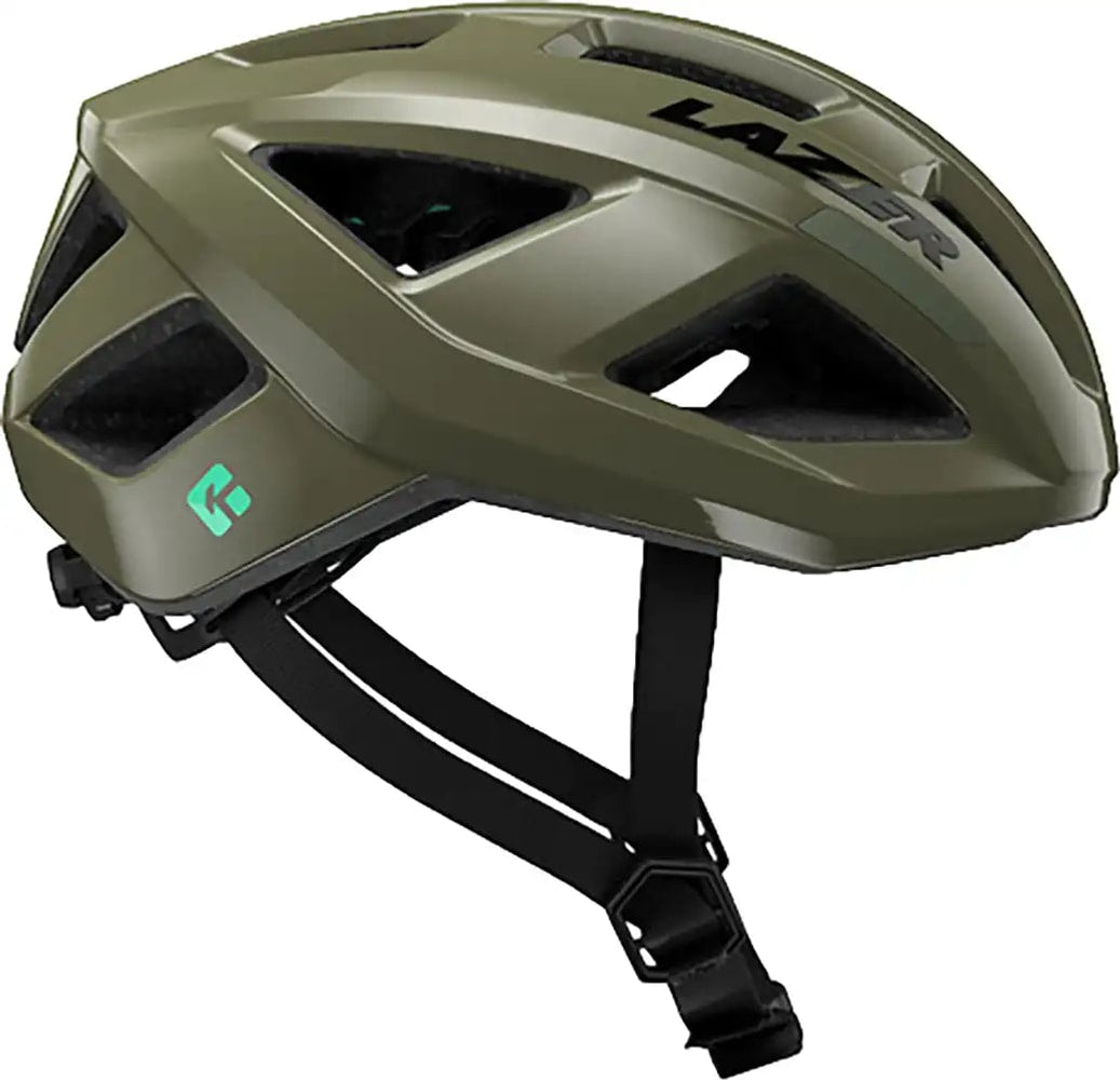 Lazer Tonic Kineticore road helmet with adjustable straps and aerodynamic design, shown from the side view.