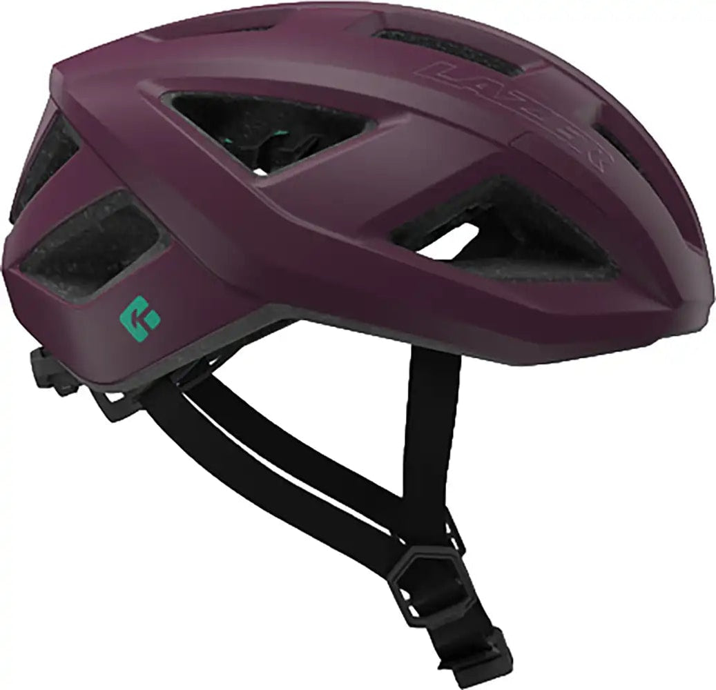 Lazer Tonic Kineticore road helmet with aerodynamic design and adjustable straps, shown from the side.