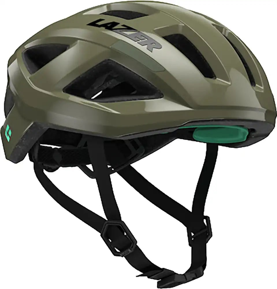Lazer Tonic Kineticore road helmet in black with adjustable straps and aerodynamic design, designed for cycling safety.