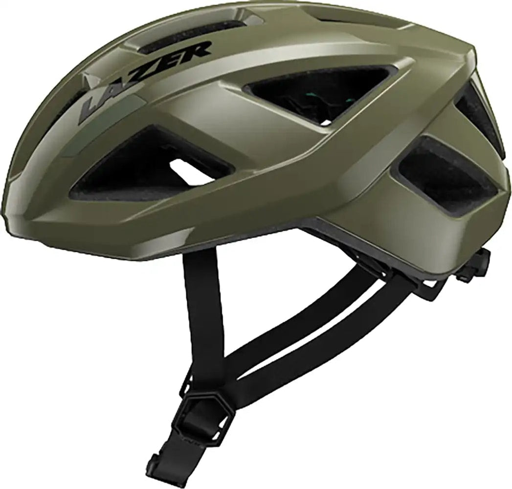 Lazer Tonic Kineticore road helmet with aerodynamic design and adjustable straps, featuring multiple ventilation vents.