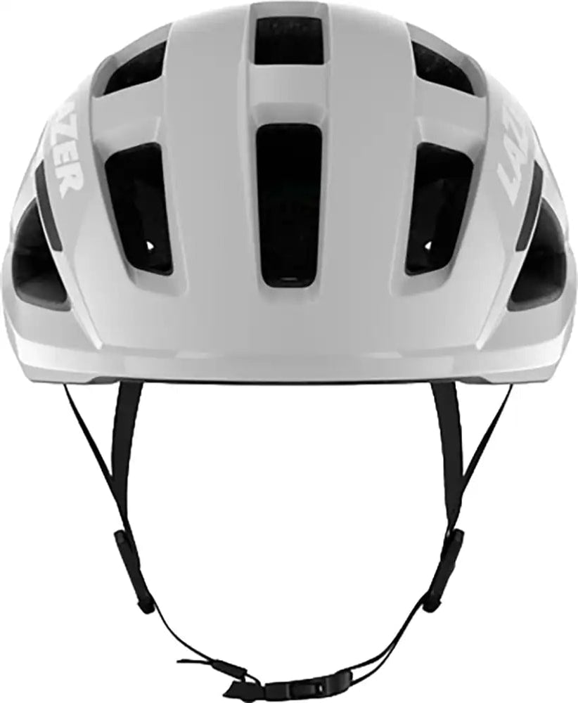 Lazer Tonic Kineticore road helmet in black with white accents, aerodynamic design, and ventilation for cycling safety.