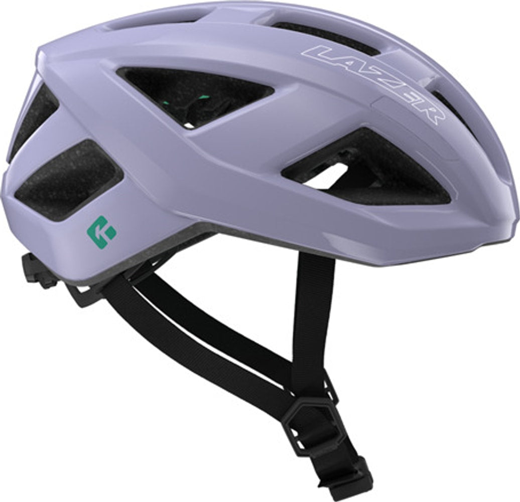 Lazer Tonic Kineticore road helmet with adjustable straps and aerodynamic design, displayed from a side angle.