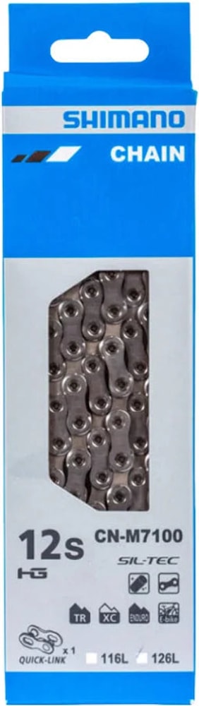 Shimano 105 M7100 12-speed bike chain showing links and branding for high-performance cycling parts.