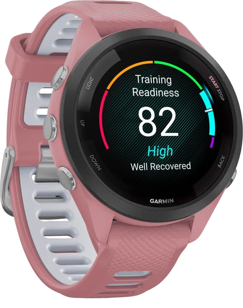Garmin Forerunner 265S GPS watch accessory showing a close-up of the sleek watch face and band in black with digital display