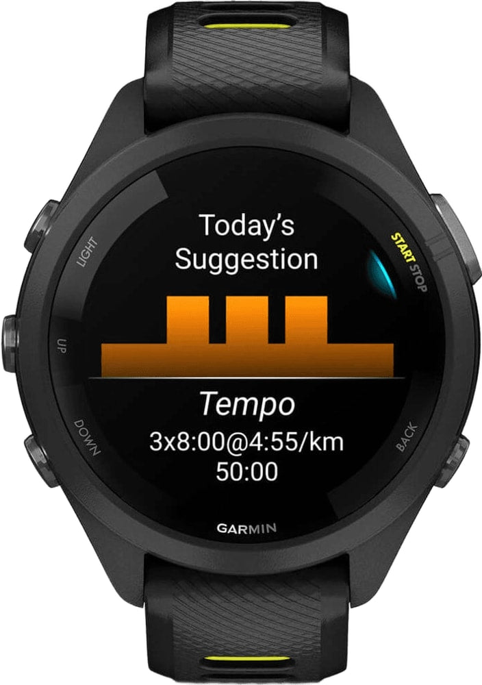 Garmin Forerunner 265S GPS watch accessory with black band and digital display, designed for fitness and running.