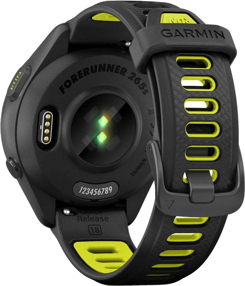 Garmin Forerunner 265S GPS watch accessory showing a sleek black strap and digital display screen.