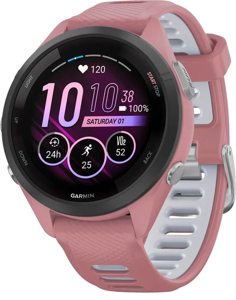 Garmin Forerunner 265S GPS watch accessory showing a sleek black strap and digital display on a white background.