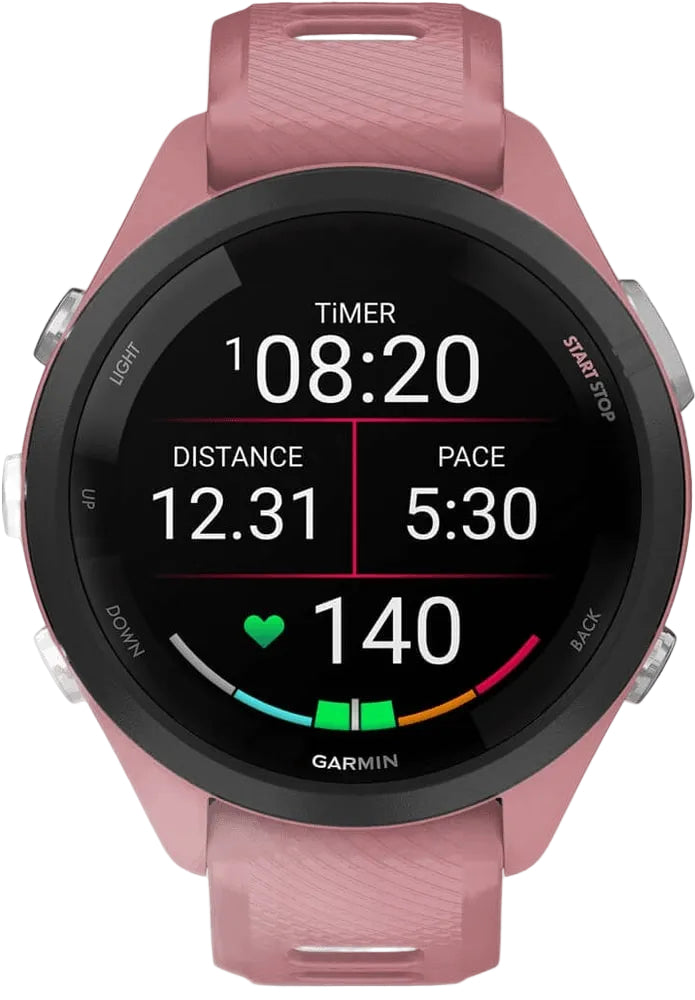 Garmin Forerunner 265S GPS watch accessory with sleek black strap and digital display showing time and activity metrics.