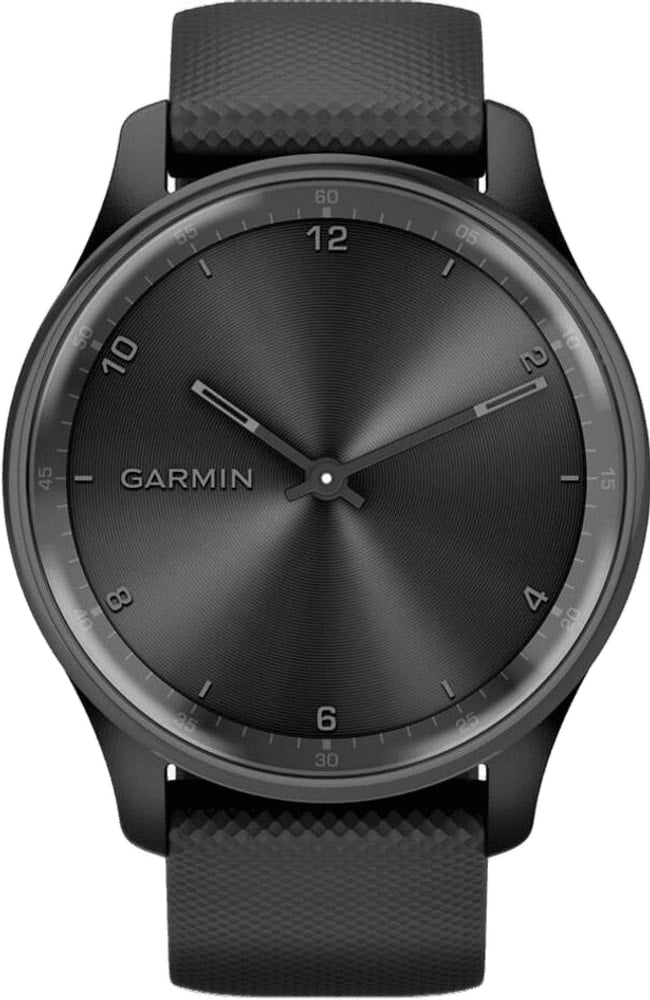 Garmin Vivomove Trend hybrid smartwatch with a sleek black leather strap and a round digital display, accessory for fitness tracking.