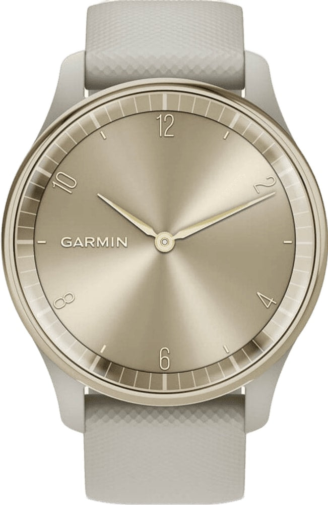 Garmin Vivomove Trend hybrid smartwatch with a sleek leather strap and analog display showing time and fitness tracking features.